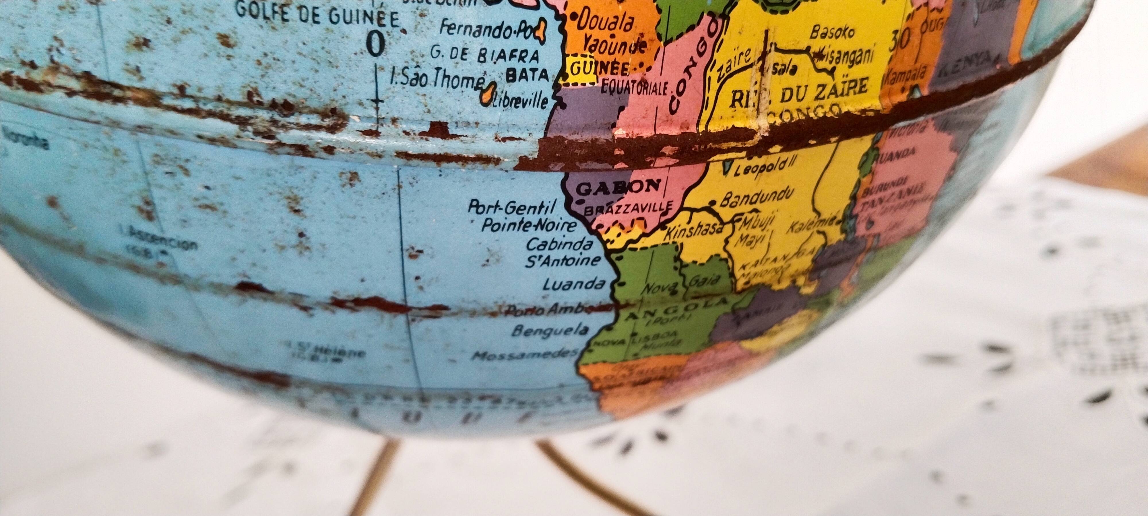 Metal terrestrial globe, Taride, tripod, 1960s