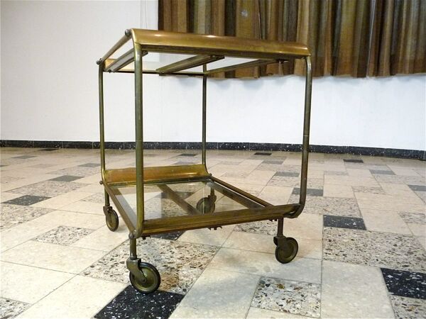 Chariot de bar ou chariot de service de style Art Déco en laiton et verre, France années 1930.