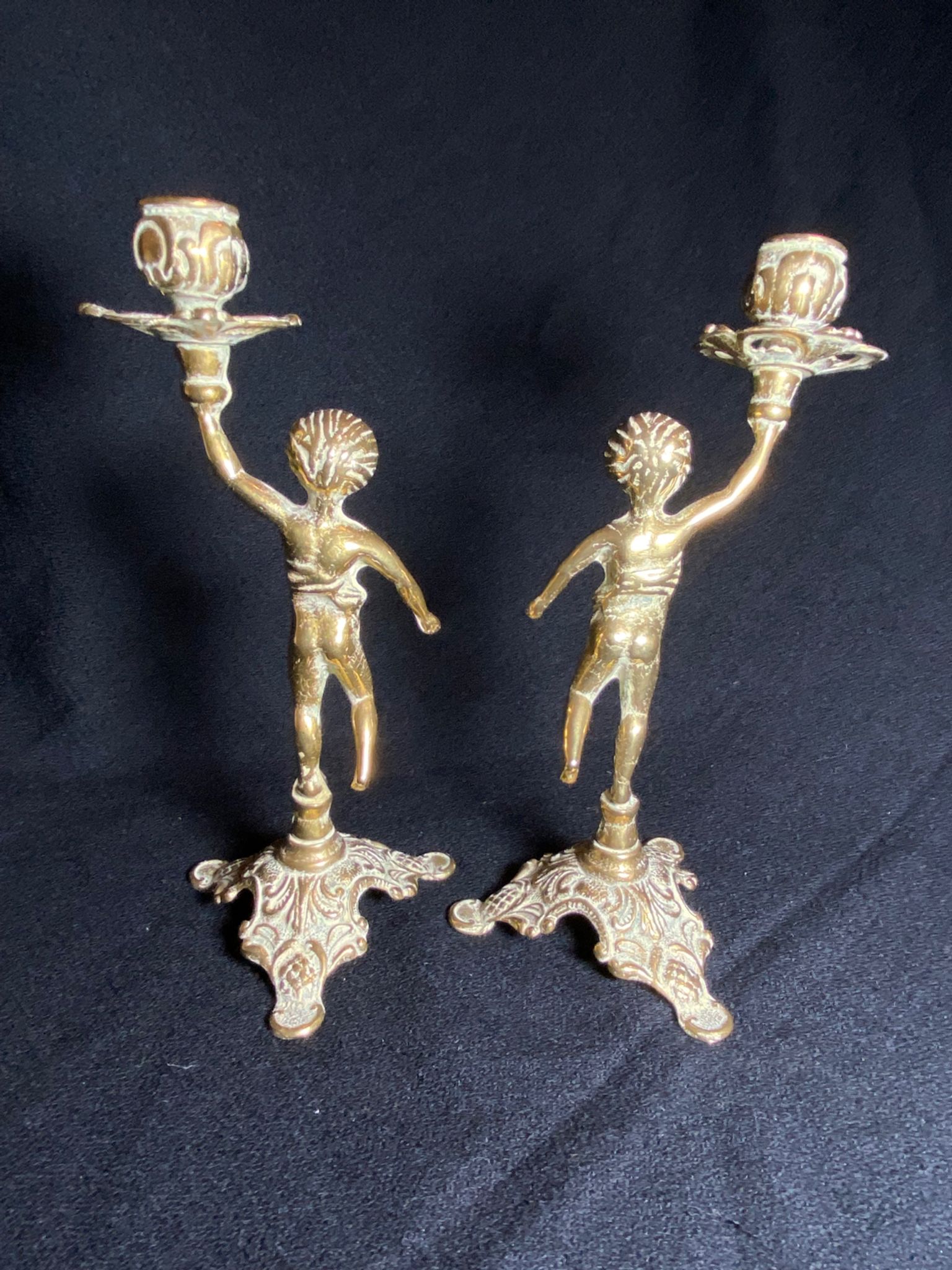 Pair of candlestick buds cherub angel brass