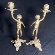 Pair of candlestick buds cherub angel brass