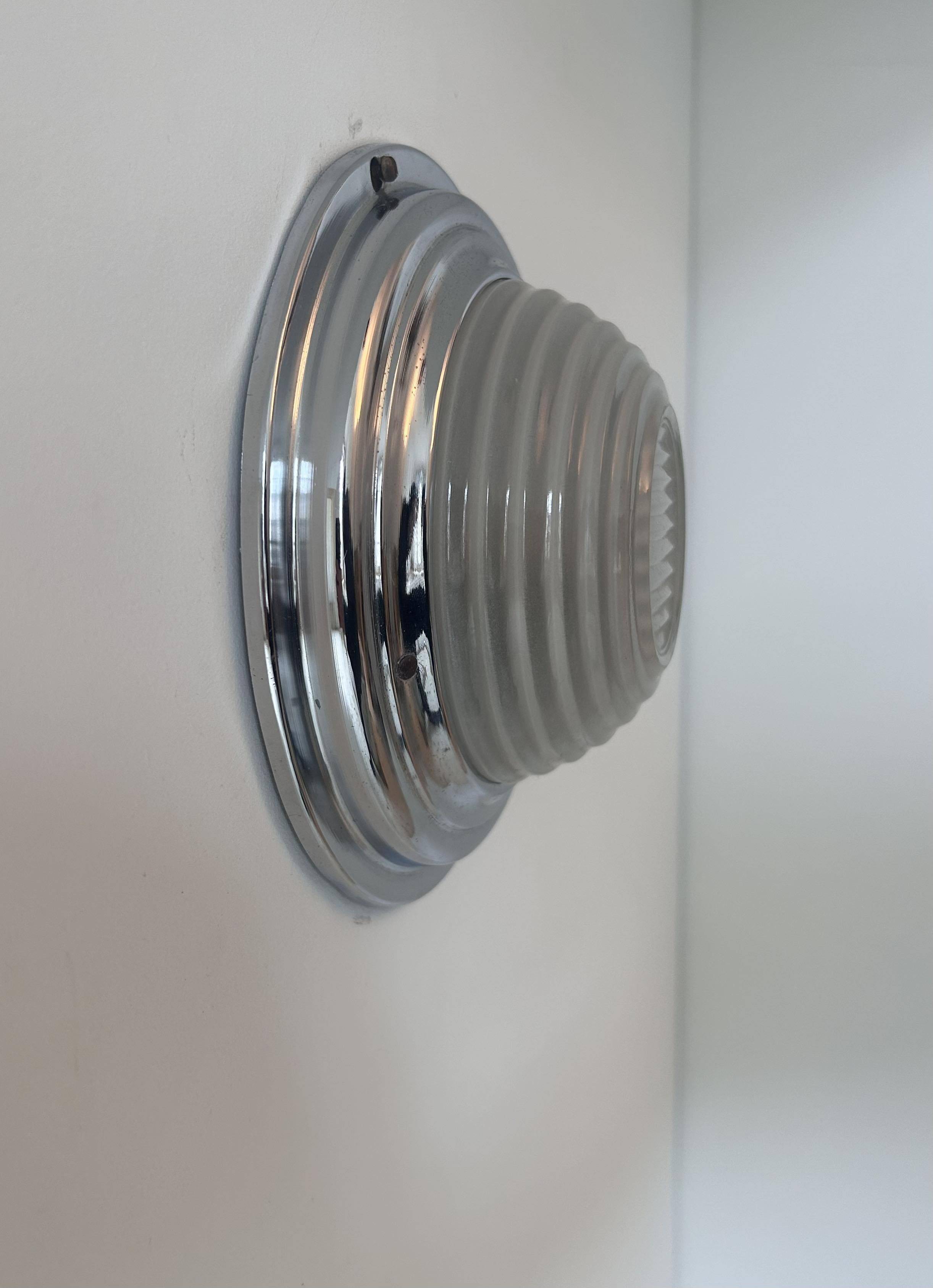 Vintage modernist wall lamp, chrome and sandblasted glass, France 1930