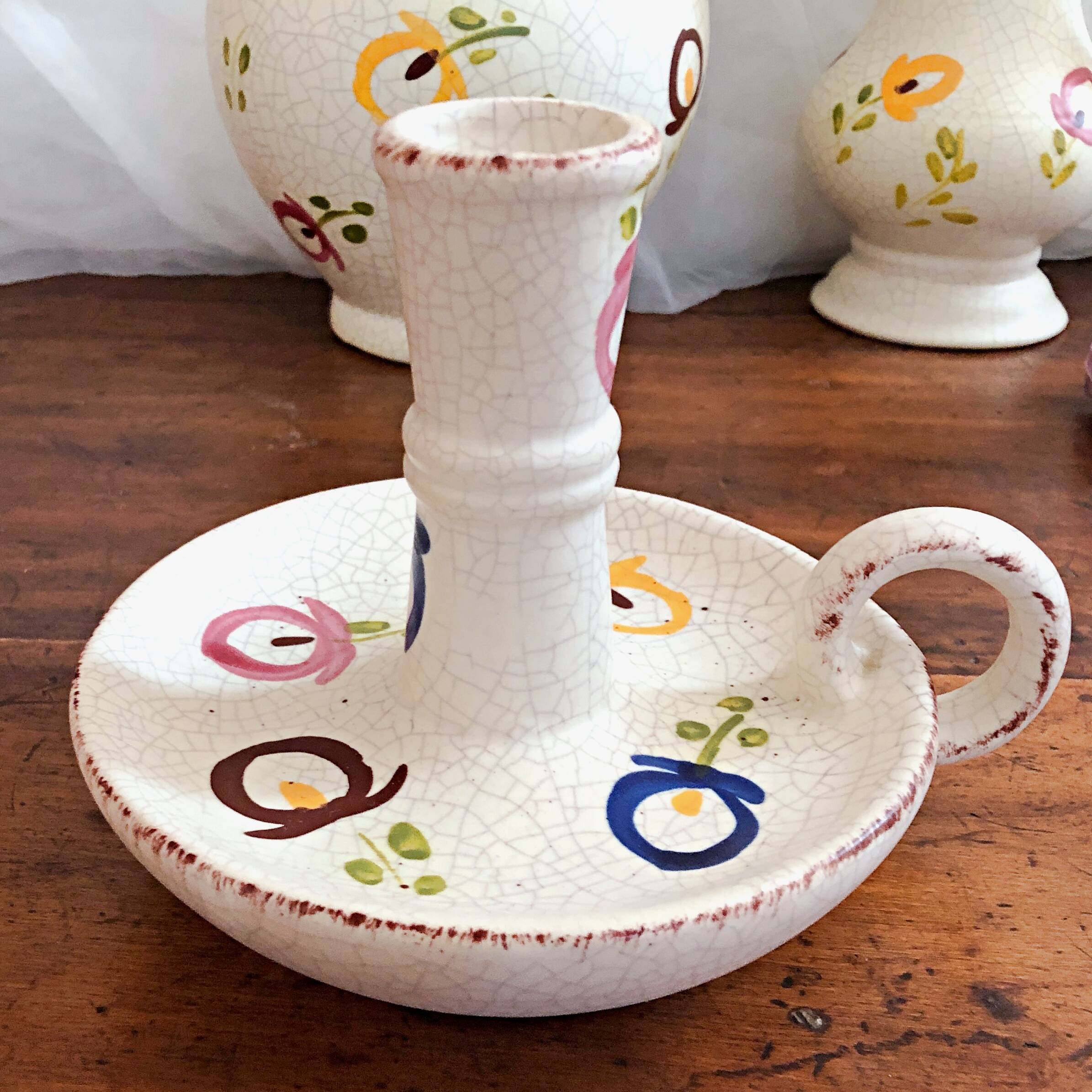 Carafe, gargoulette and candlestick artisanal pottery by Angèle de Poët-Laval