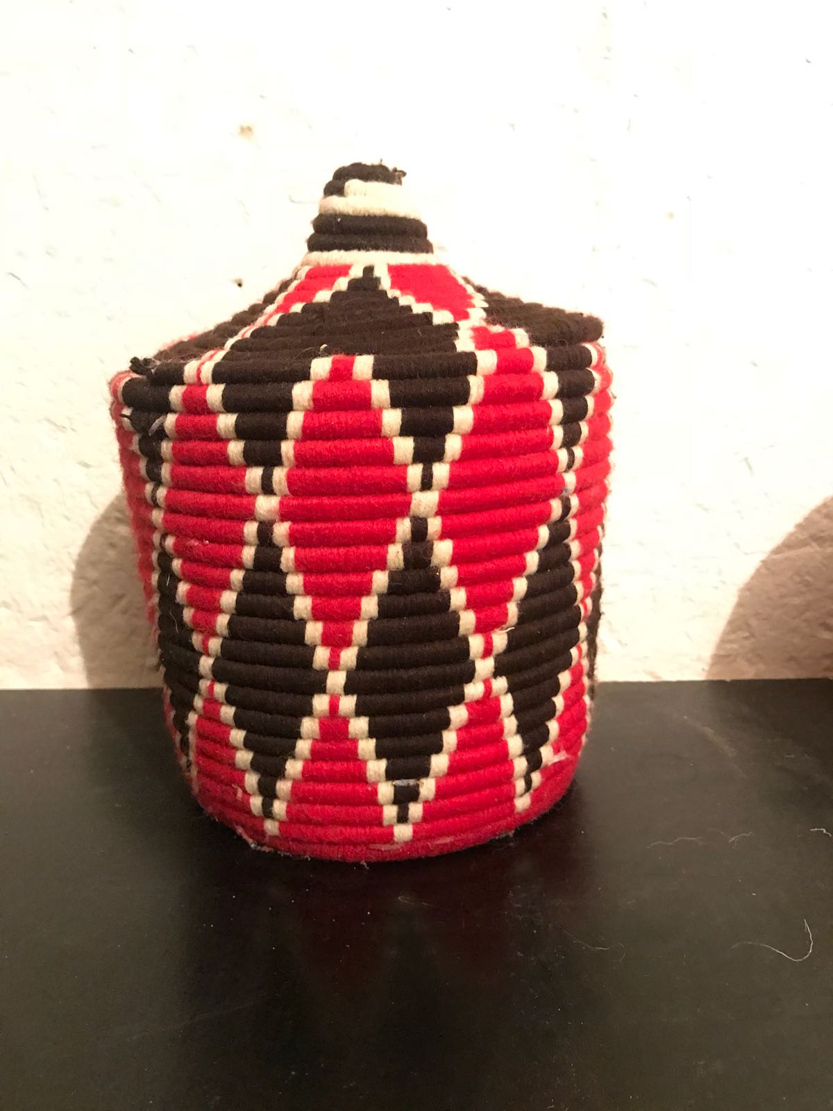 Berber red and Black wool and raffia basket