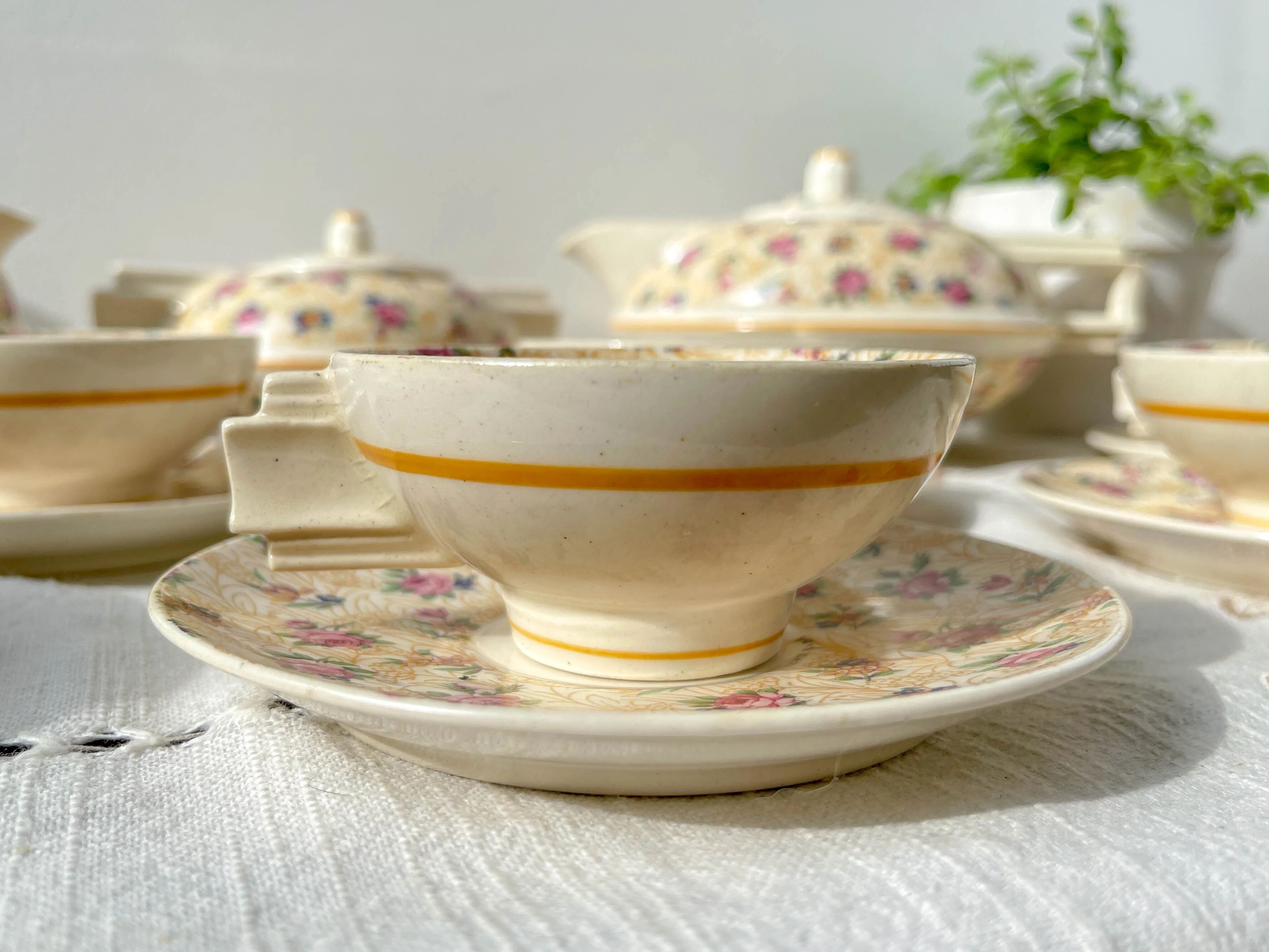Robj Paris Coffee Tea Set with Floral Yellow Porcelain Core - Vintage Art Deco Style
