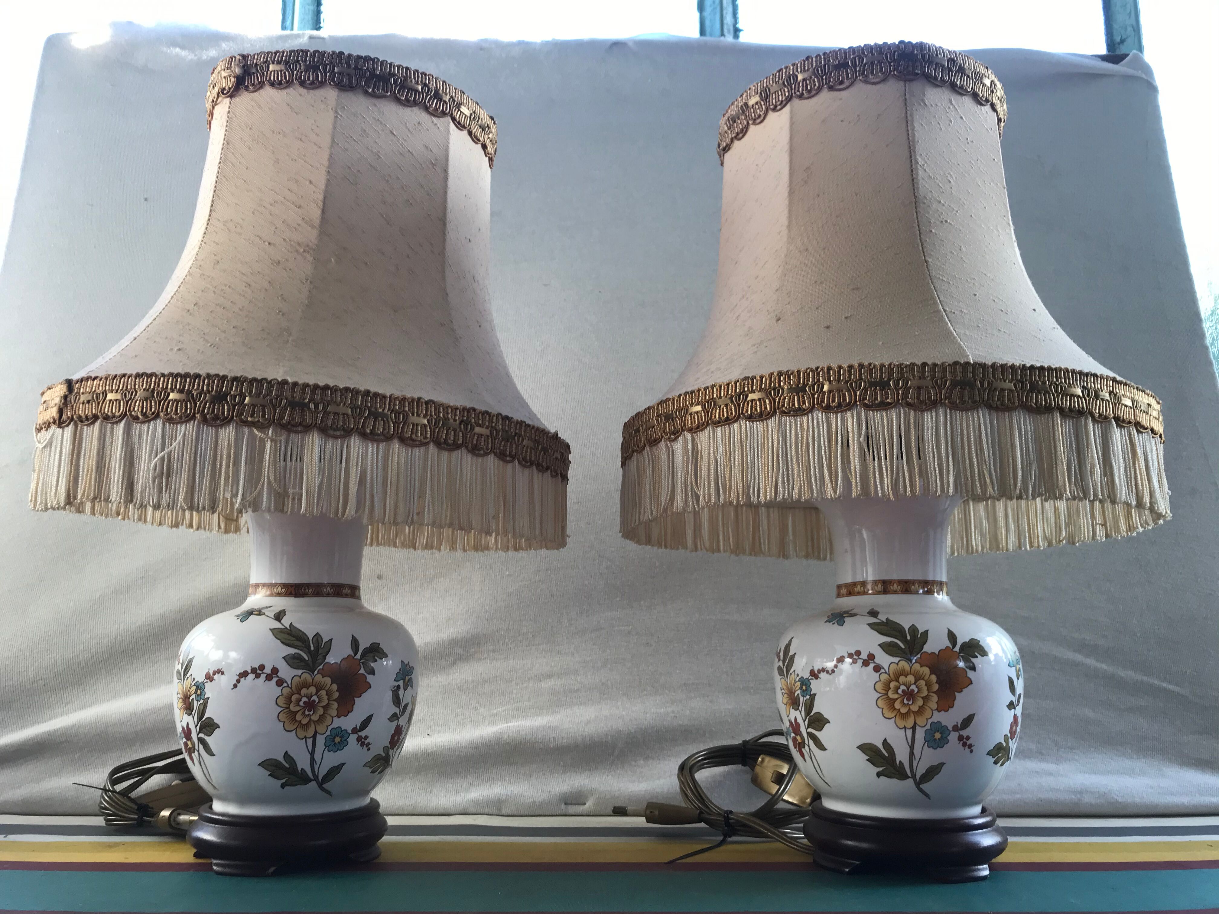 Pair of ancient ceramic lamp Moustiers style with vintage cream lampshades