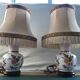 Pair of ancient ceramic lamp Moustiers style with vintage cream lampshades
