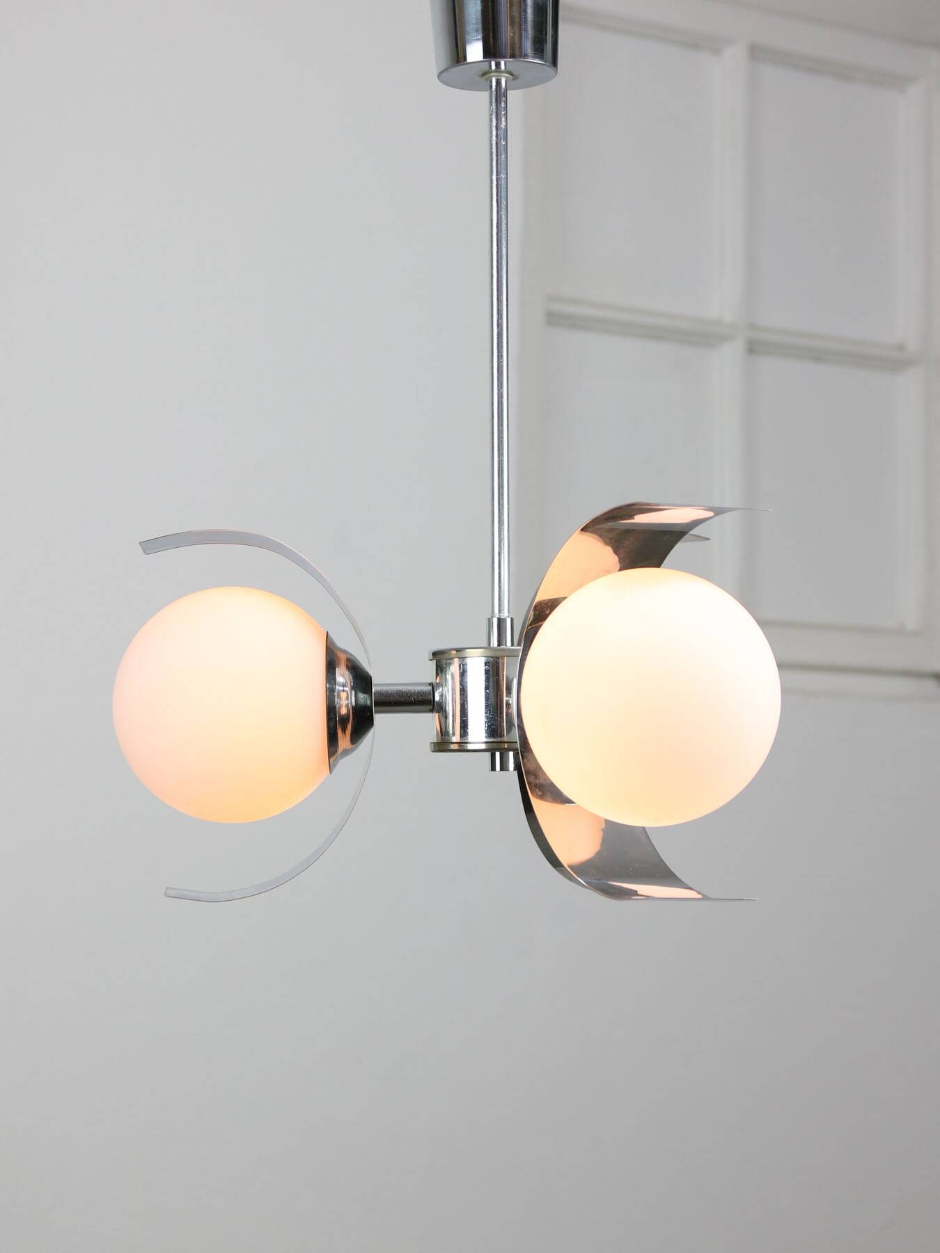 Vintage italian chrome and opaline chandelier, 70s