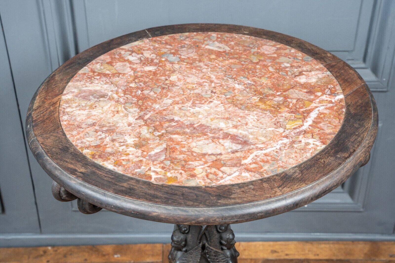 Indochina ironwood pedestal table decor winged character marble top 19th century