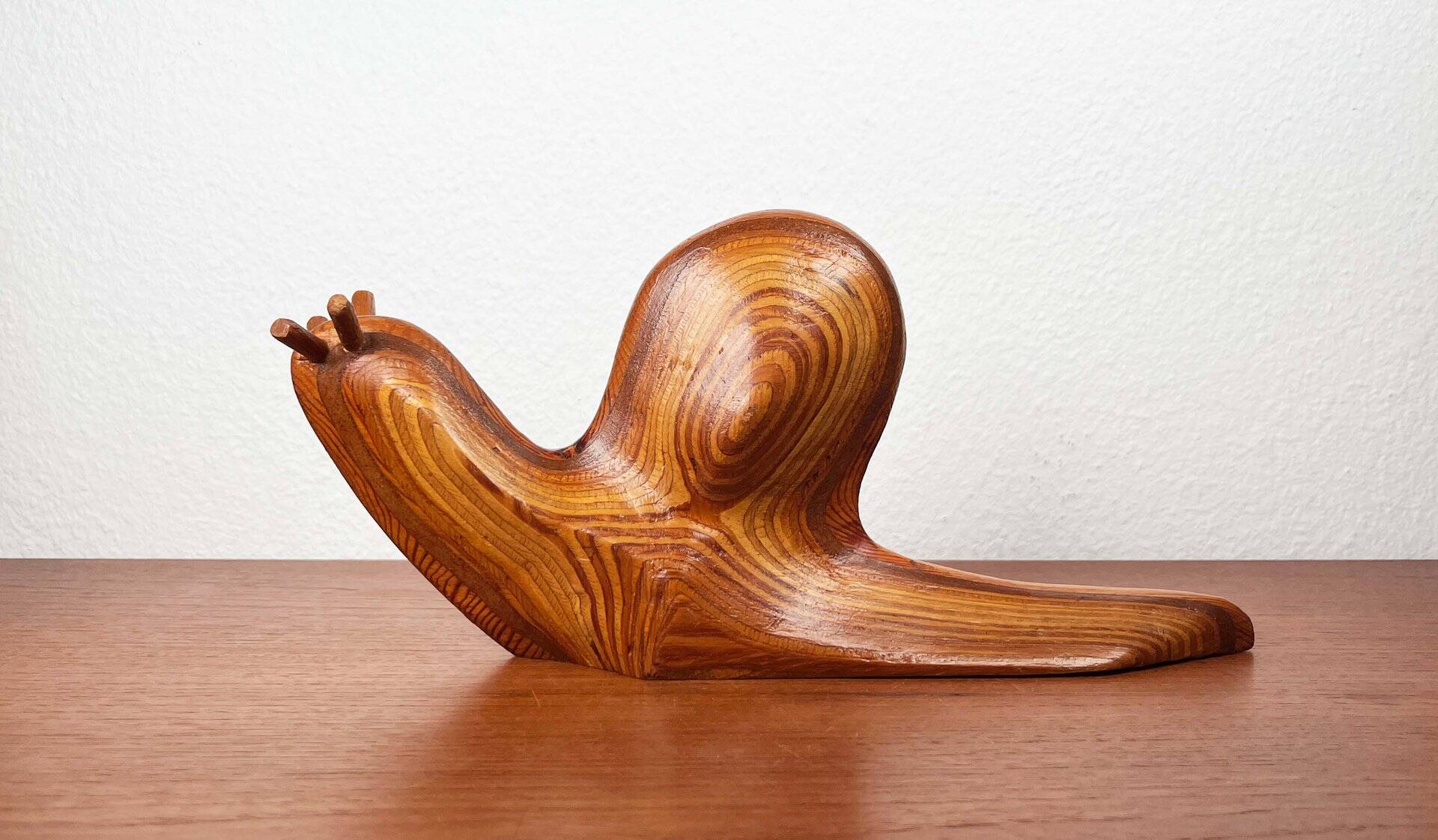 Large Danish carved wooden snail sculpture from the mid-century, 1960s.