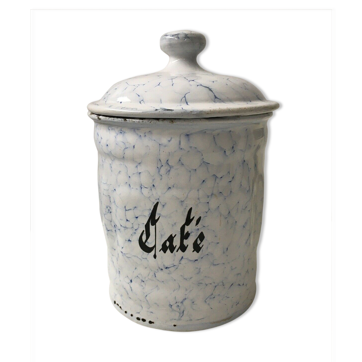 Vintage coffee pot in white enamelled iron and blue retro kitchen decoration
