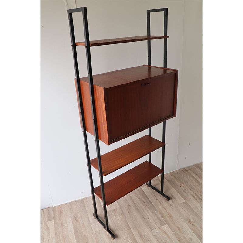 Bibliothèque vintage modulable avec étagères en bois et métal 1960