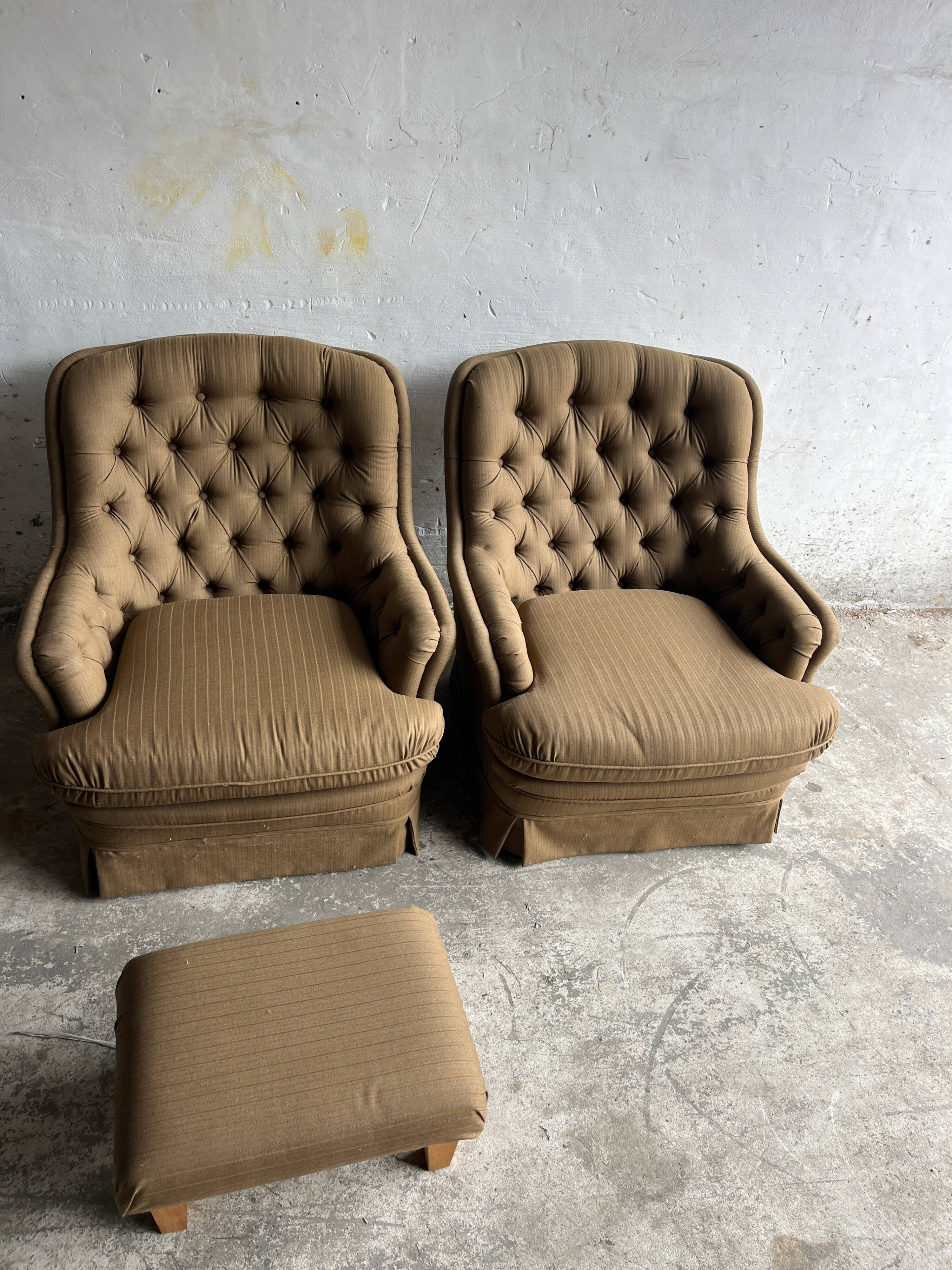 Pair of upholstered lounge chairs with ottoman, 1970s
