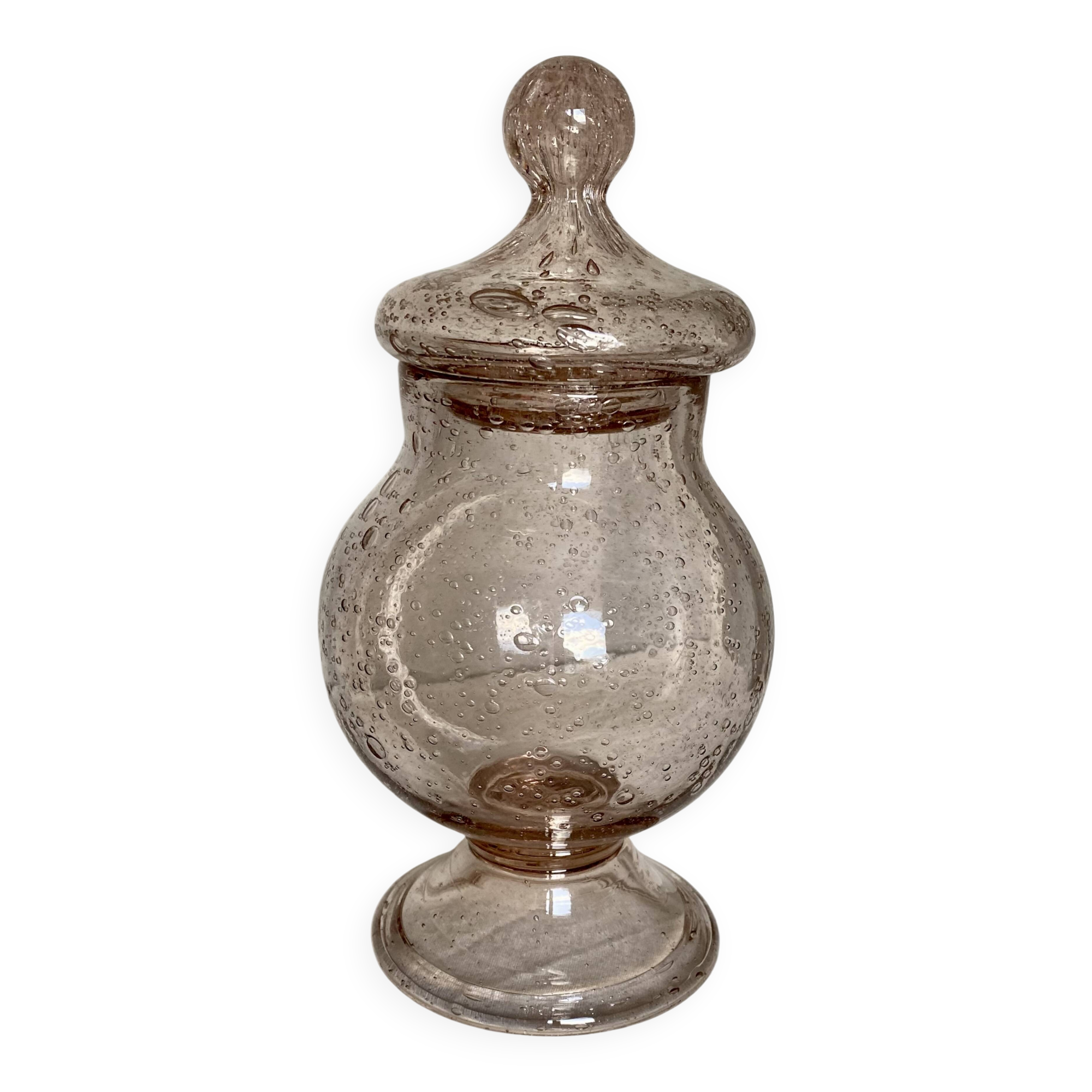 Lilac bubble glass jar with lid, signed Biot, vintage 1960-70