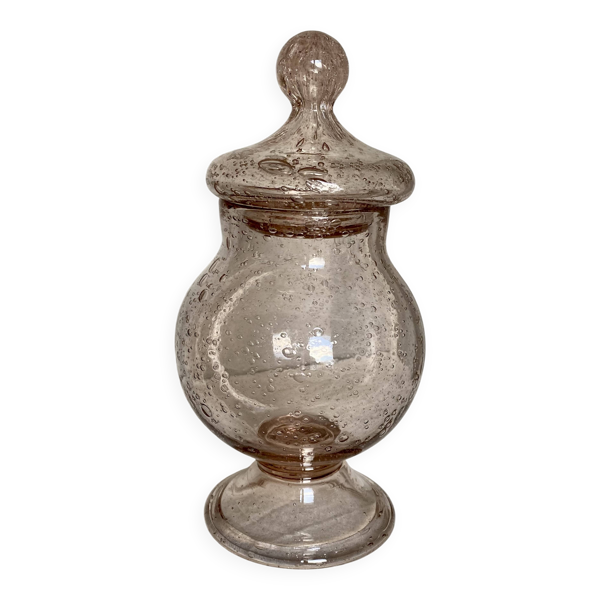 Pot à couvercle verre bullé lilas signée Biot vintage 1960-70
