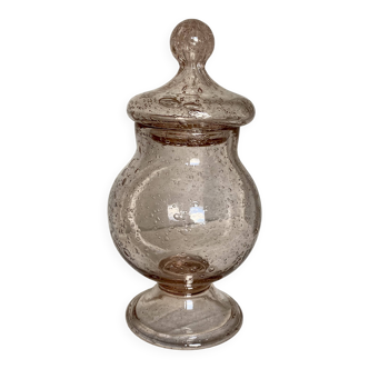 Lilac bubble glass jar with lid, signed Biot, vintage 1960-70