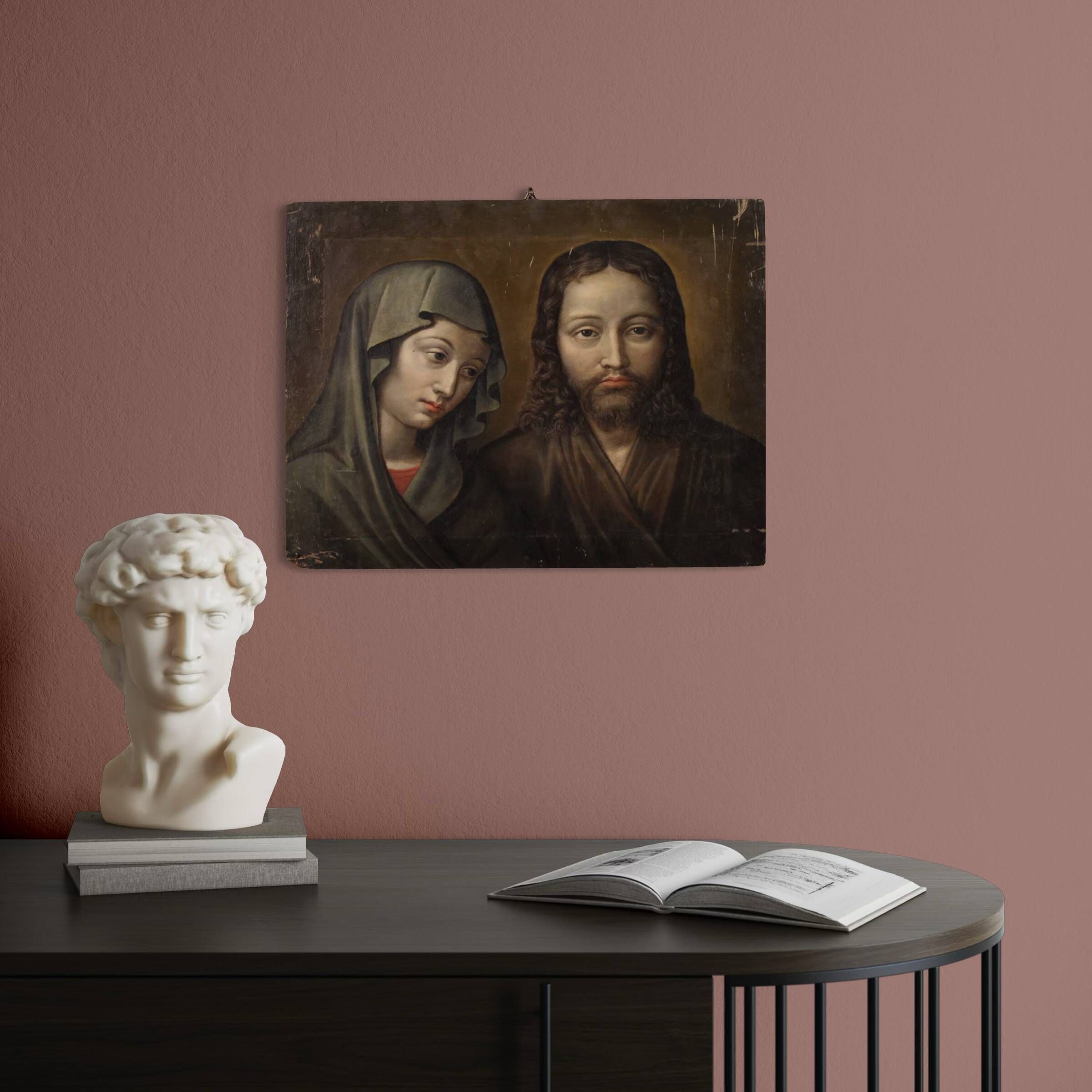 Antique French painting on panel, Christ and the Madonna from 18th century