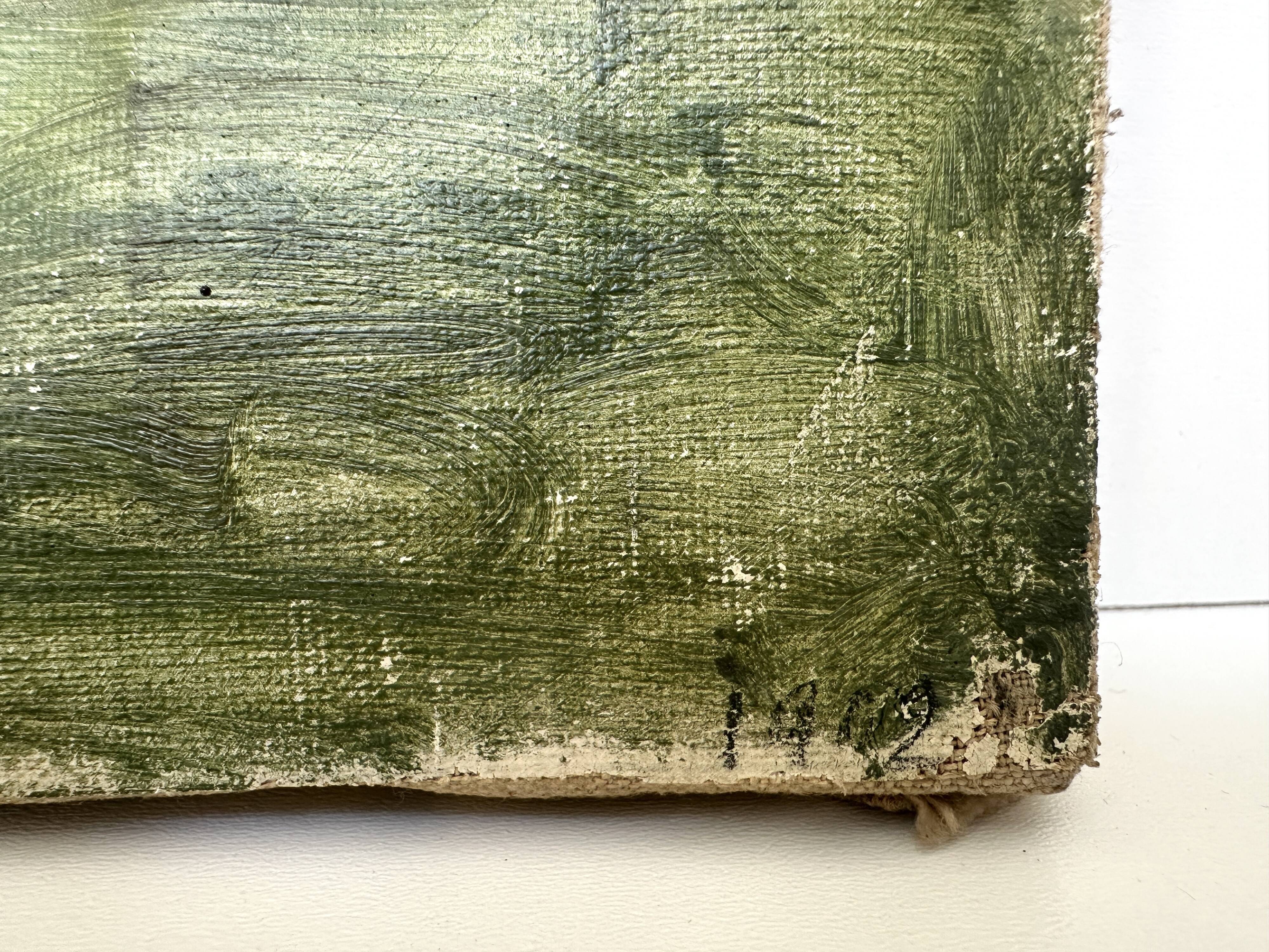 Old oil painting on canvas "The Haystacks" dated 1902.