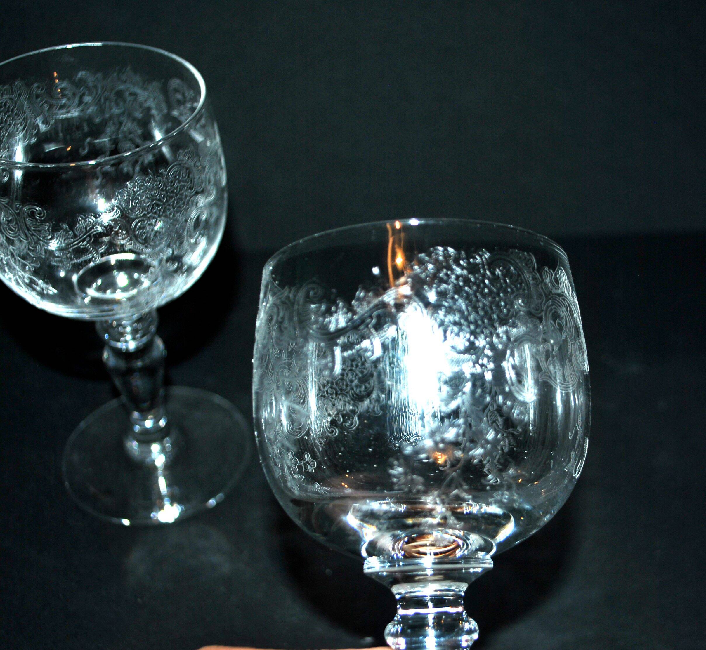 Saint-Louis set of 2 Rocaille acid-etched crystal balloon wine glasses H14.3