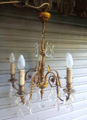 Antique gilded bronze and crystal chandelier with 5 lights / working condition l. gau?
