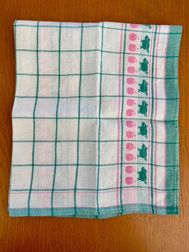 Torchon vintage "cochon et pomme" vert - 50x70cm - métis