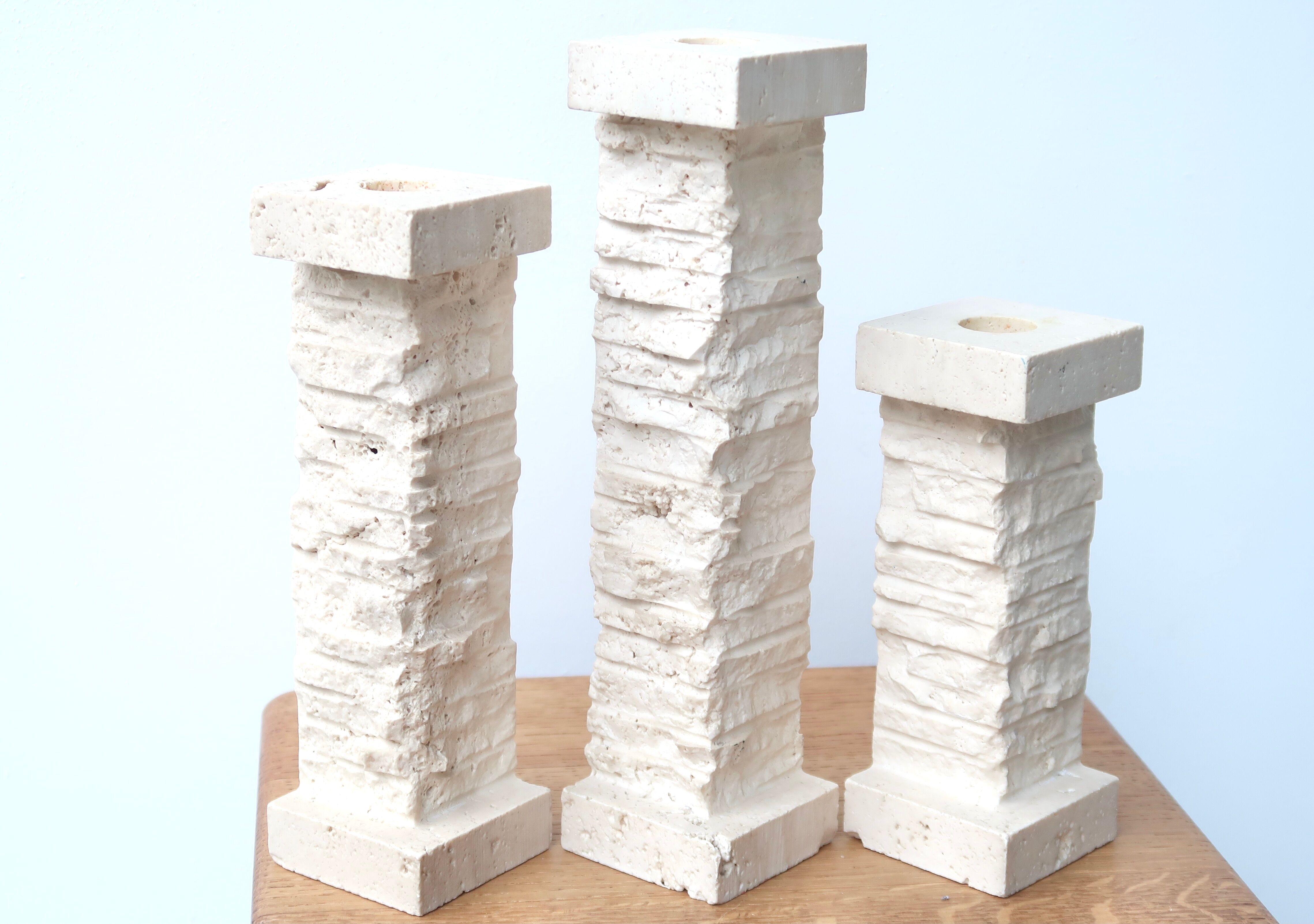Set of 3 travertine column candlesticks Marble Art Marta, 70s