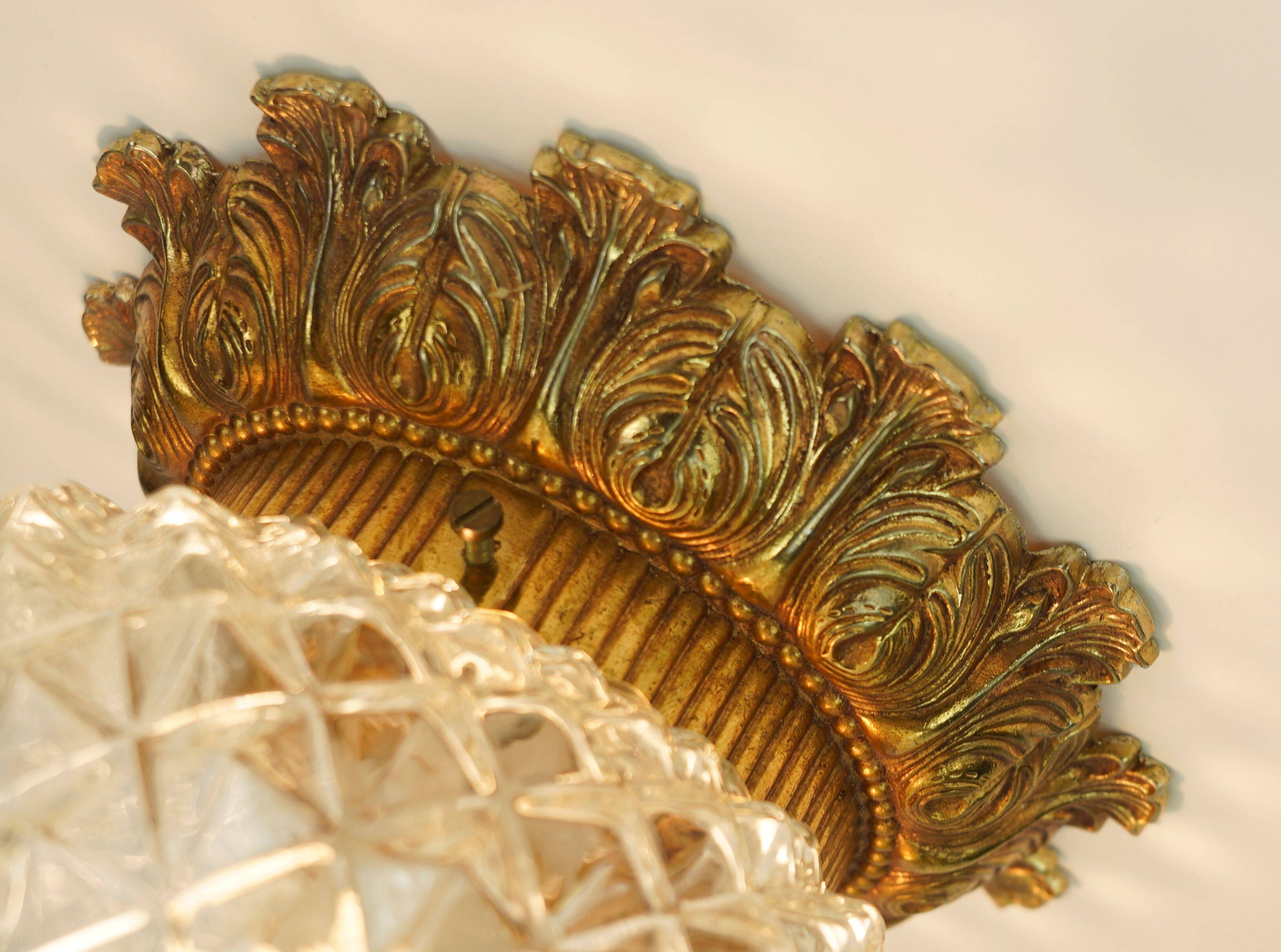 Midcentury ceiling light massive belgium textured glass gold-plated alu 70s