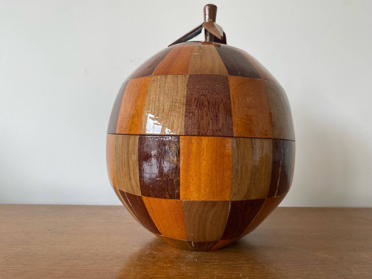 Antique Coconut Ice Bucket Wood Marquetry 1950s Vintage