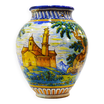 Grand pot ancien en céramique de Talavera peint à la main