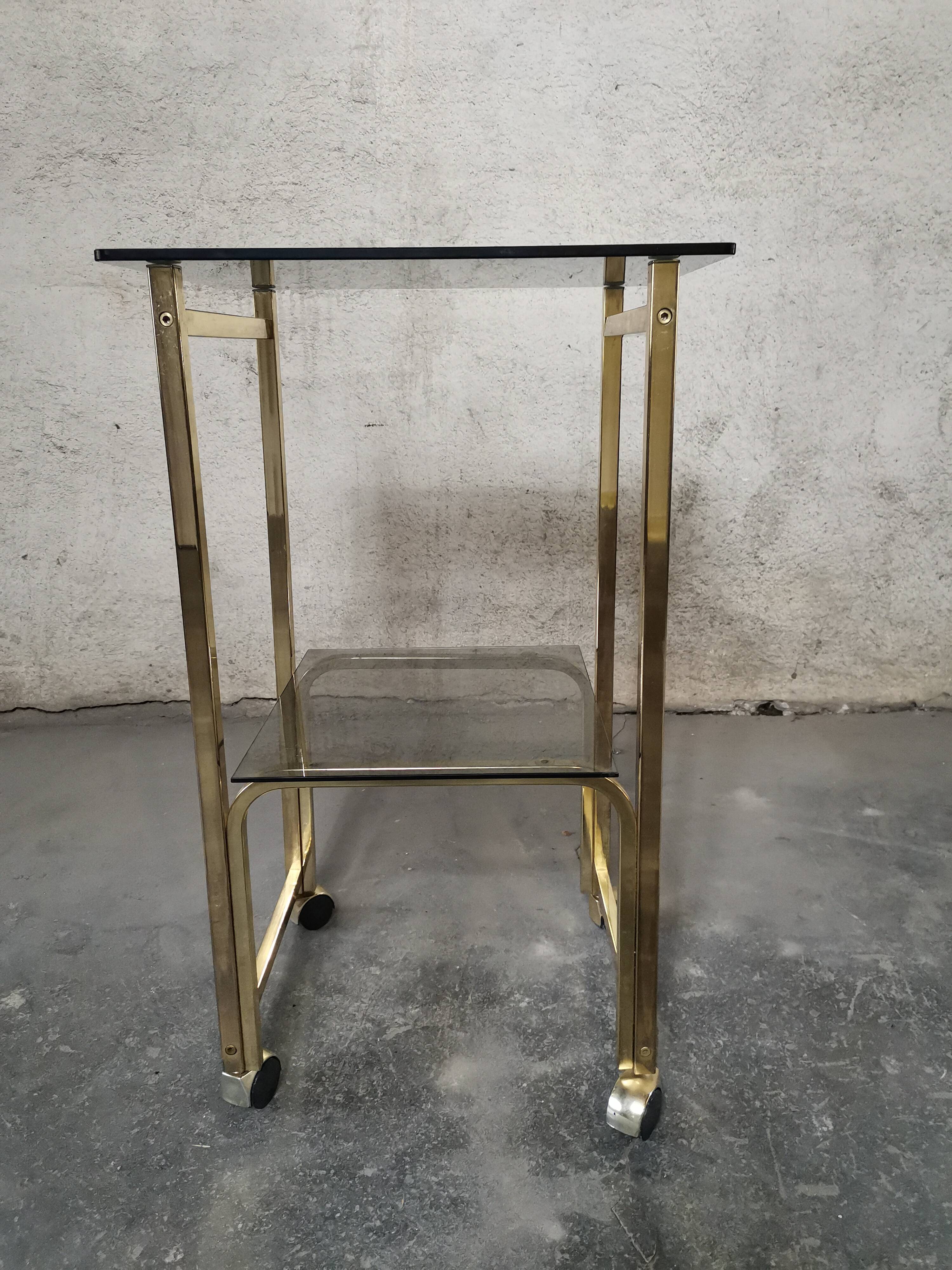 Side Table 1970s smoked glass/gold/wheels