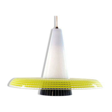 Lampe pendentif vintage jaune et noire en verre des années 1950