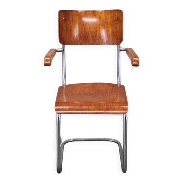 Fauteuil cantilever Bauhaus en acier tubulaire chromé et hêtre, années 1930.