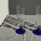 Set of 6 blue-footed champagne flutes; 3 pairs of designs.