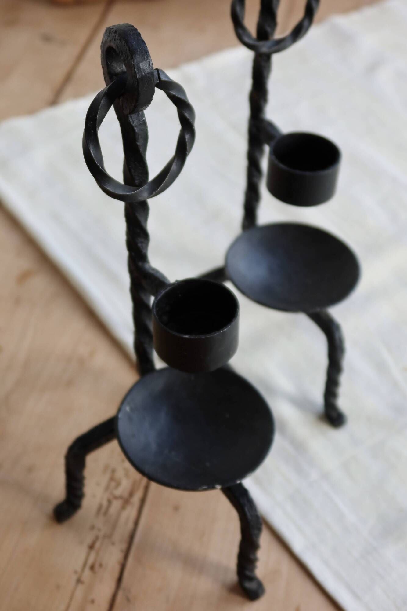 Vintage black metal candle holders – Twisted wrought iron