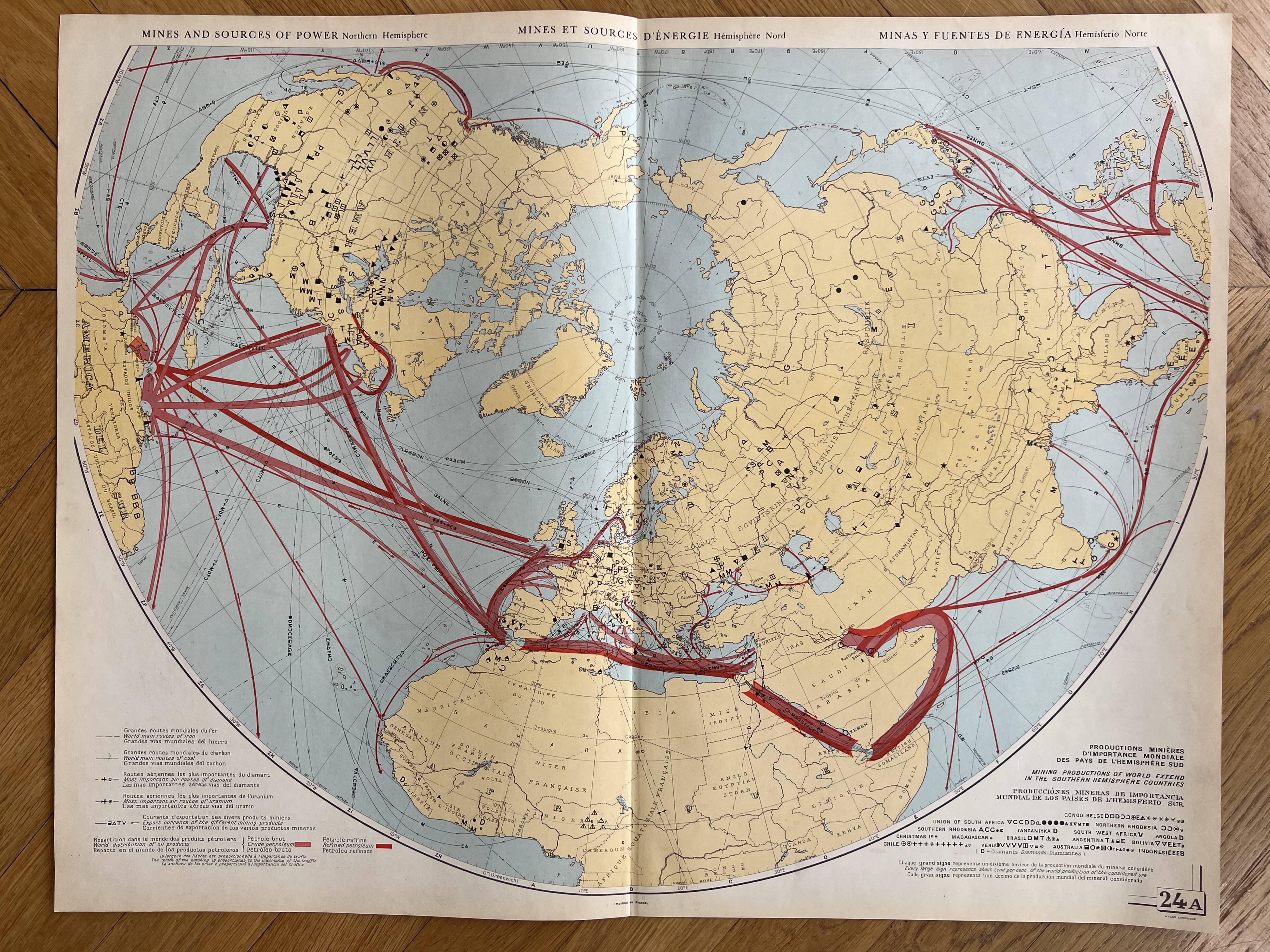 Old Map of Mines and Energy Sources — Northern Hemisphere | Oil,