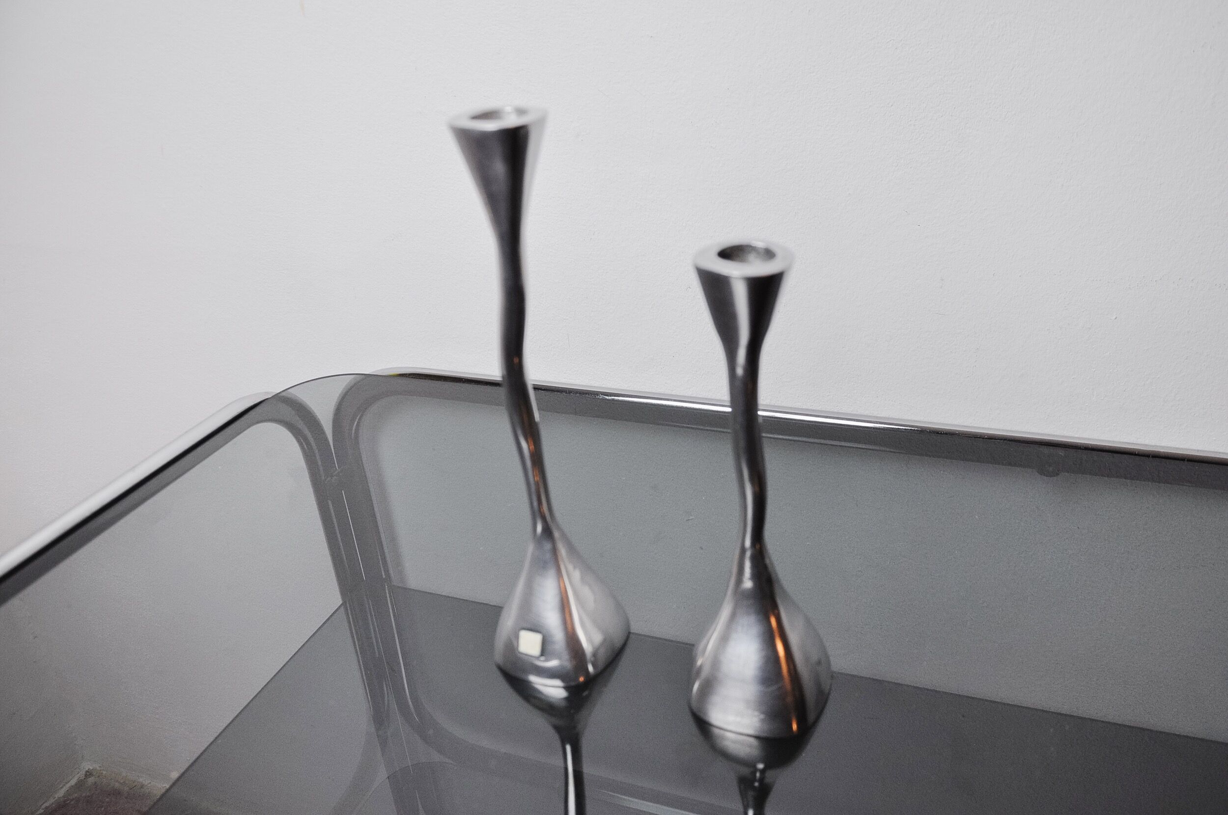 Pair of zigzag candle holders, solid aluminum and polished stone, art3, Spain, 1970