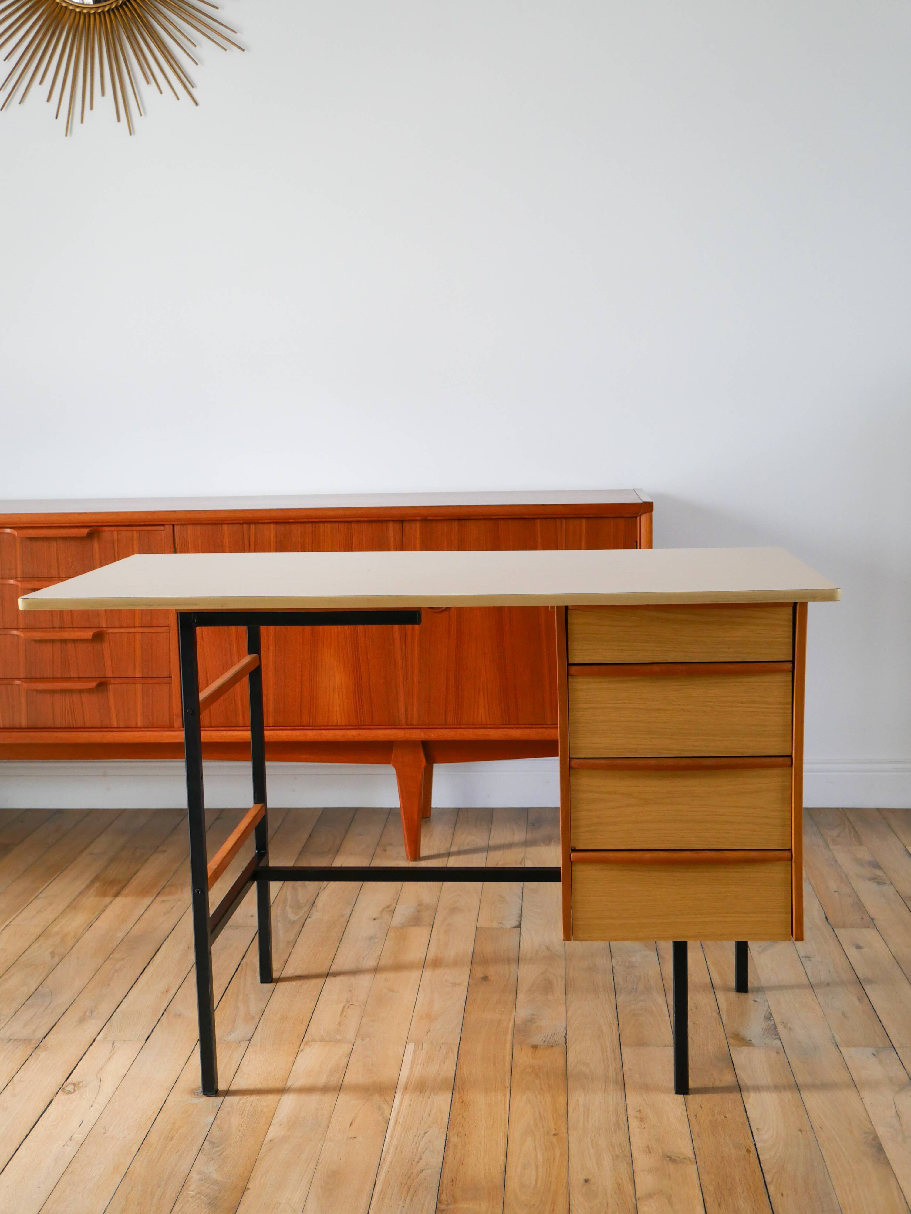 Formica, beech and black metal desk, Modernist Design, 1960
