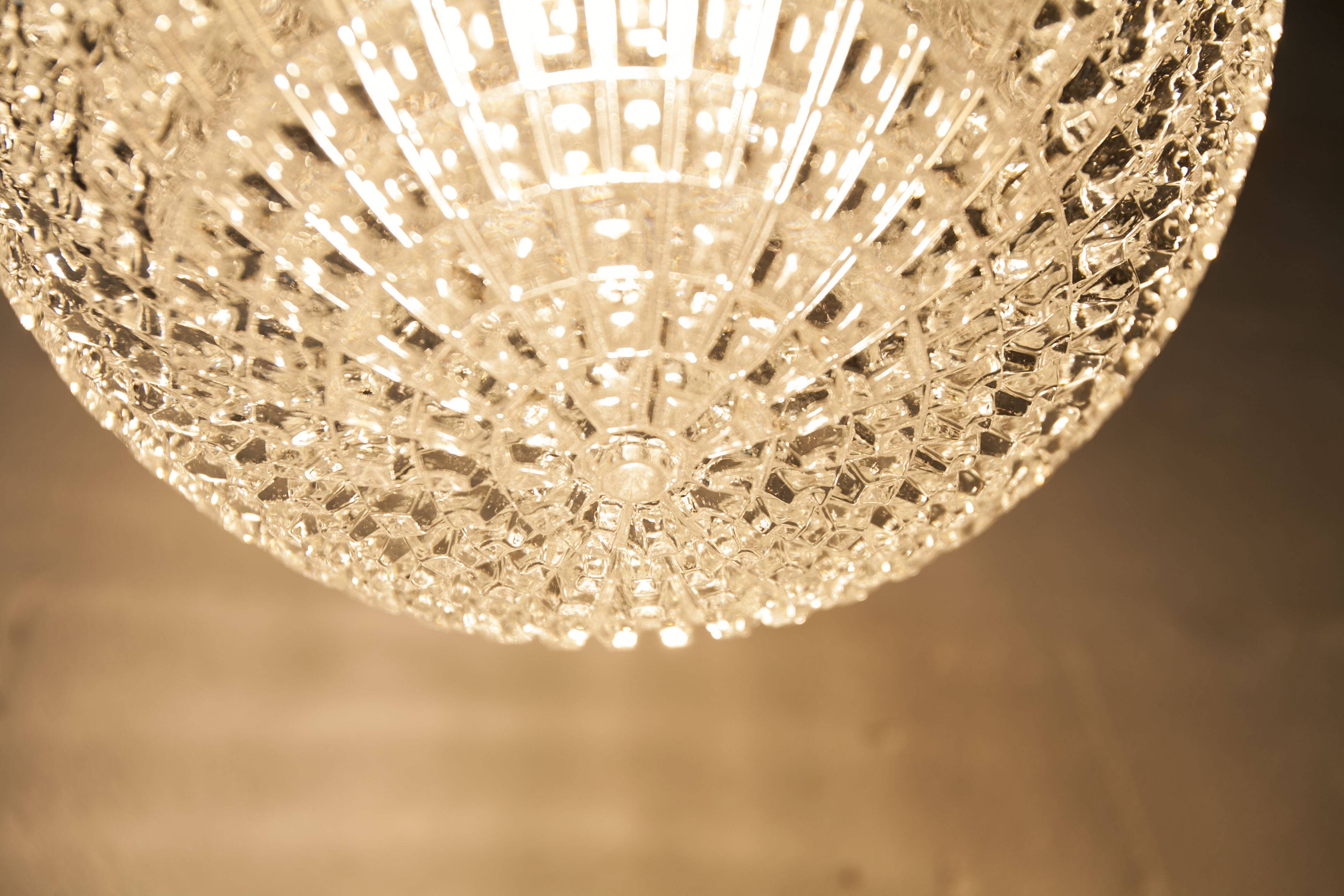 1960s Holophane Ball Pendant Chandelier, Thick Glass, 30 cm, and Vintage Brass