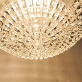 1960s Holophane Ball Pendant Chandelier, Thick Glass, 30 cm, and Vintage Brass