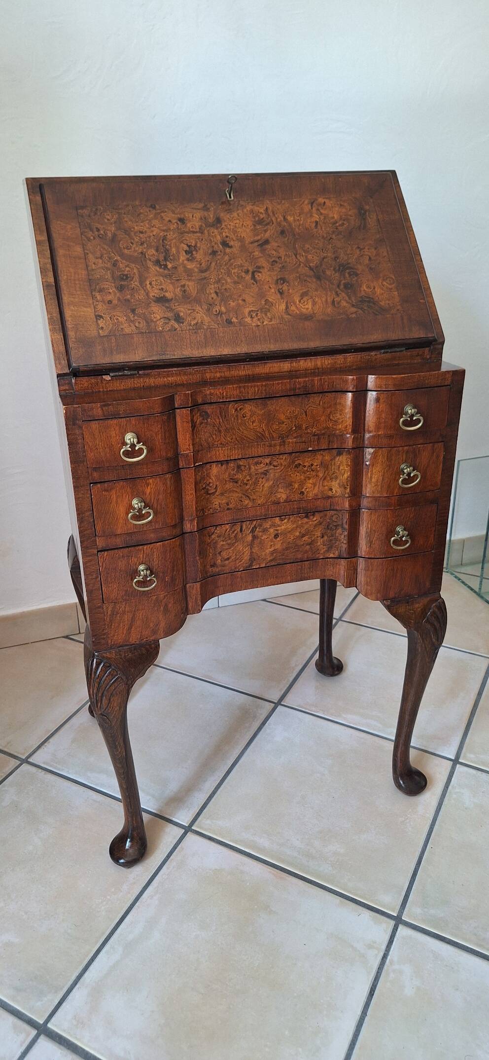 1930's Queen Anne walnut veneer secretary – slanted drop-down desk –