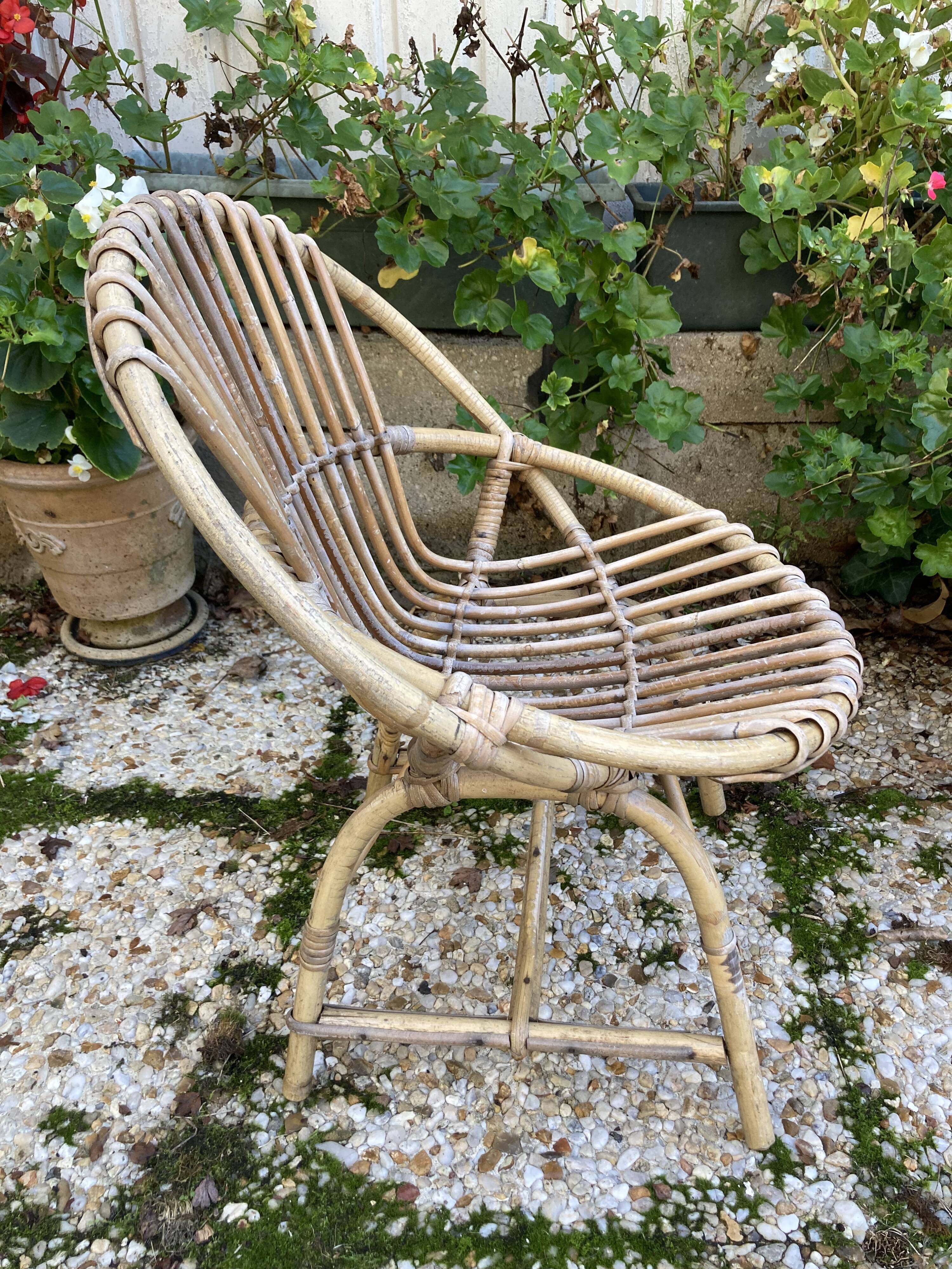 Set of 3 vintage rattan armchairs