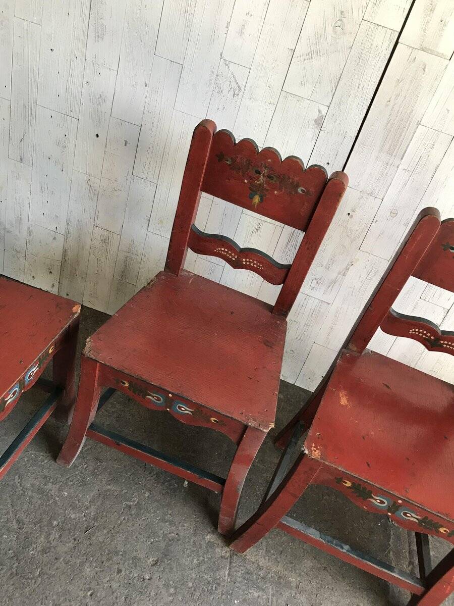 Lot de 4 chaises anciennes en bois peint marron pour salle à manger, décor floral peint main