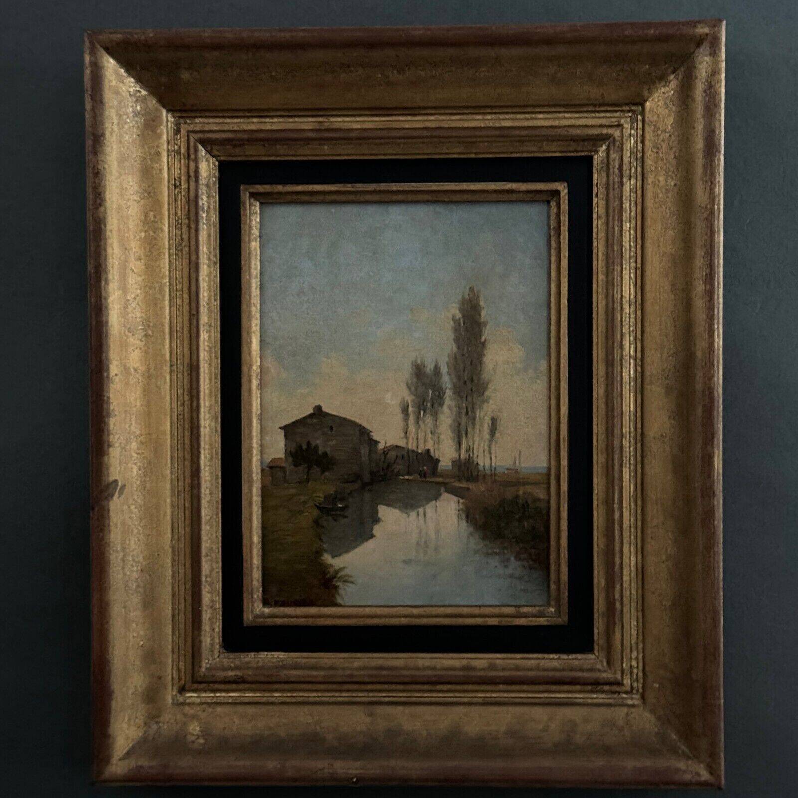 Oil on cardboard by Paul Faugier riverside landscape with poplars