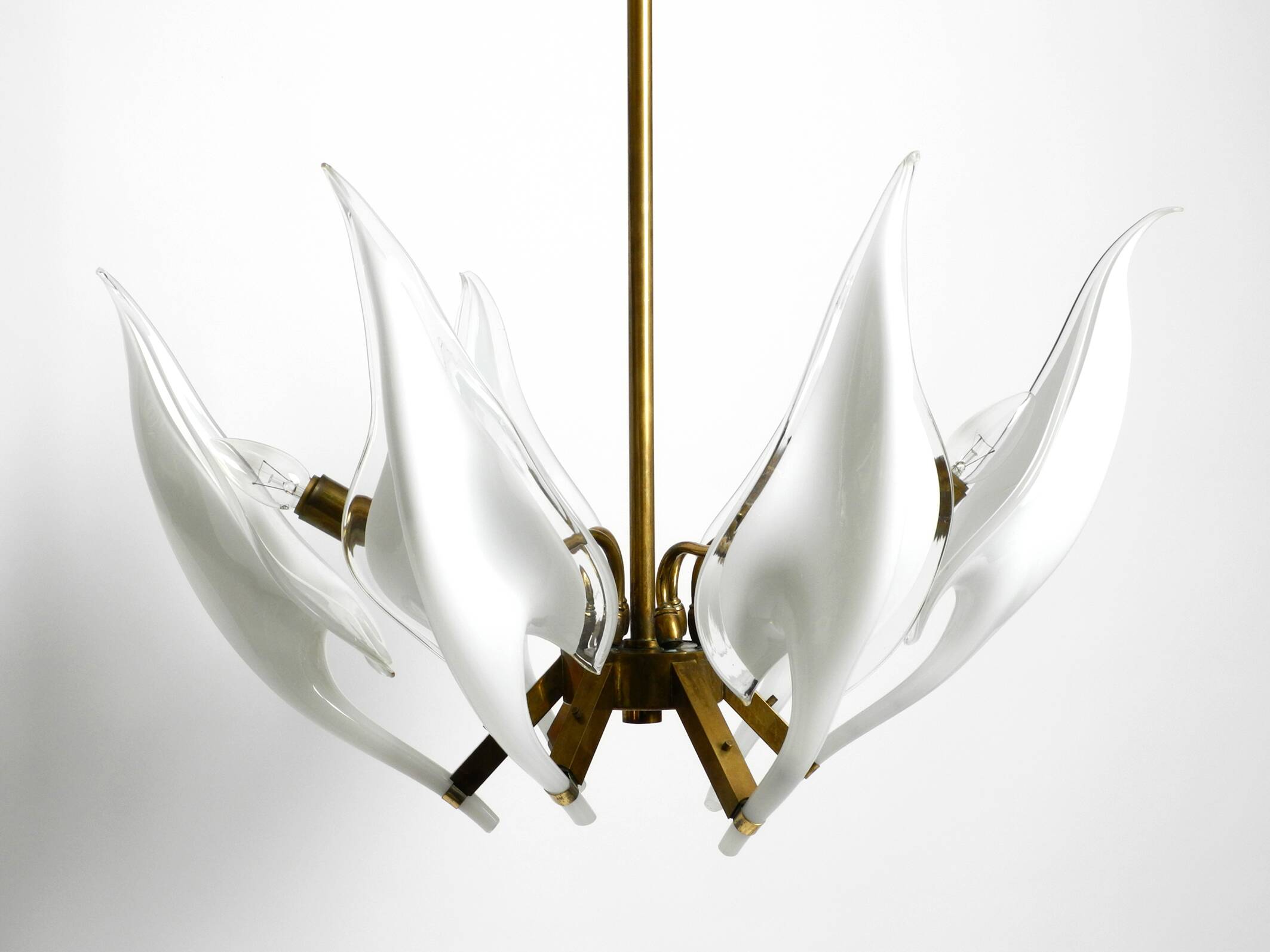 50s brass chandelier with white and transparent Murano glasses Franco Luce