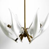 50s brass chandelier with white and transparent Murano glasses Franco Luce