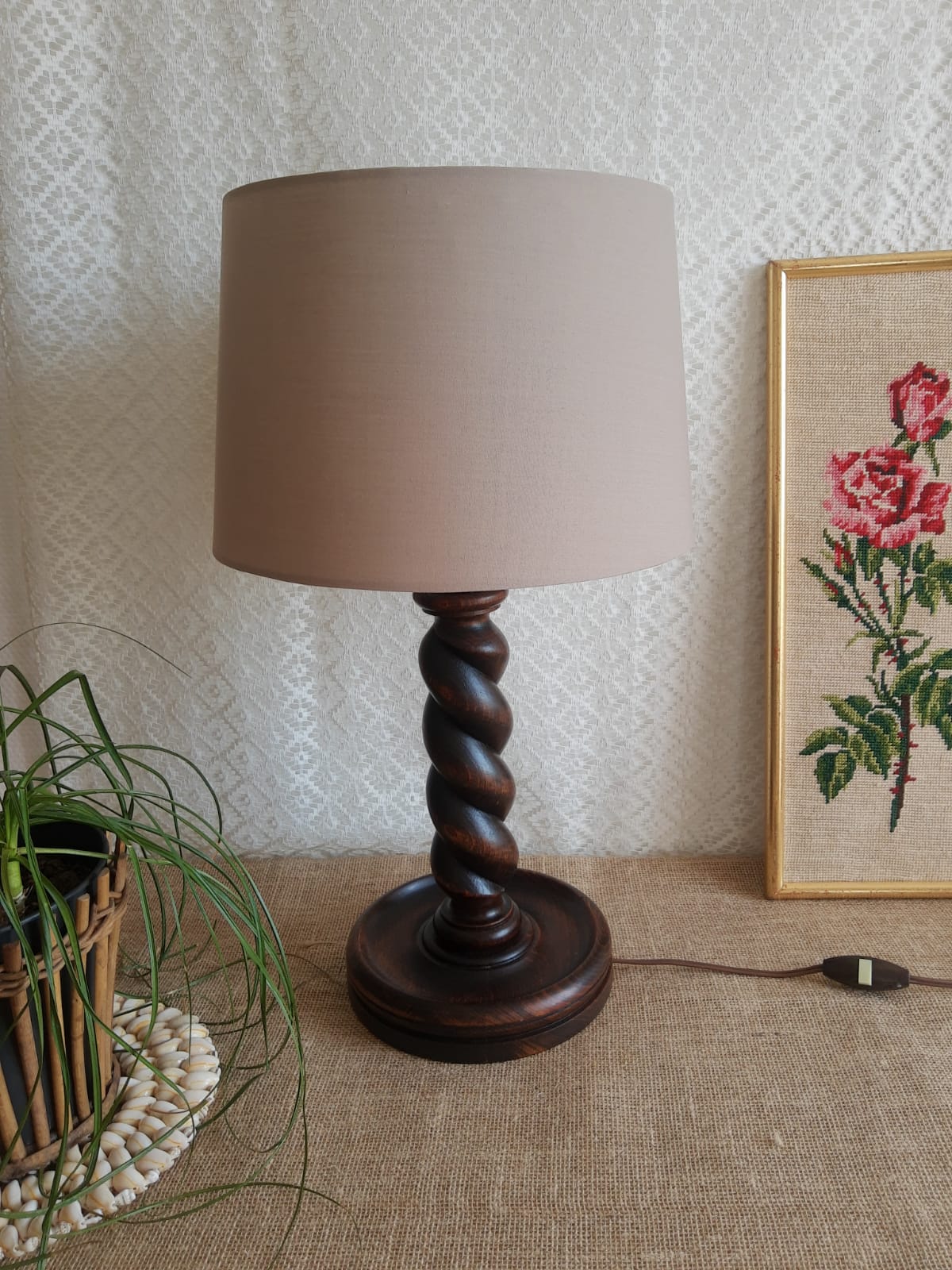 Turned wooden table lamp - vintage