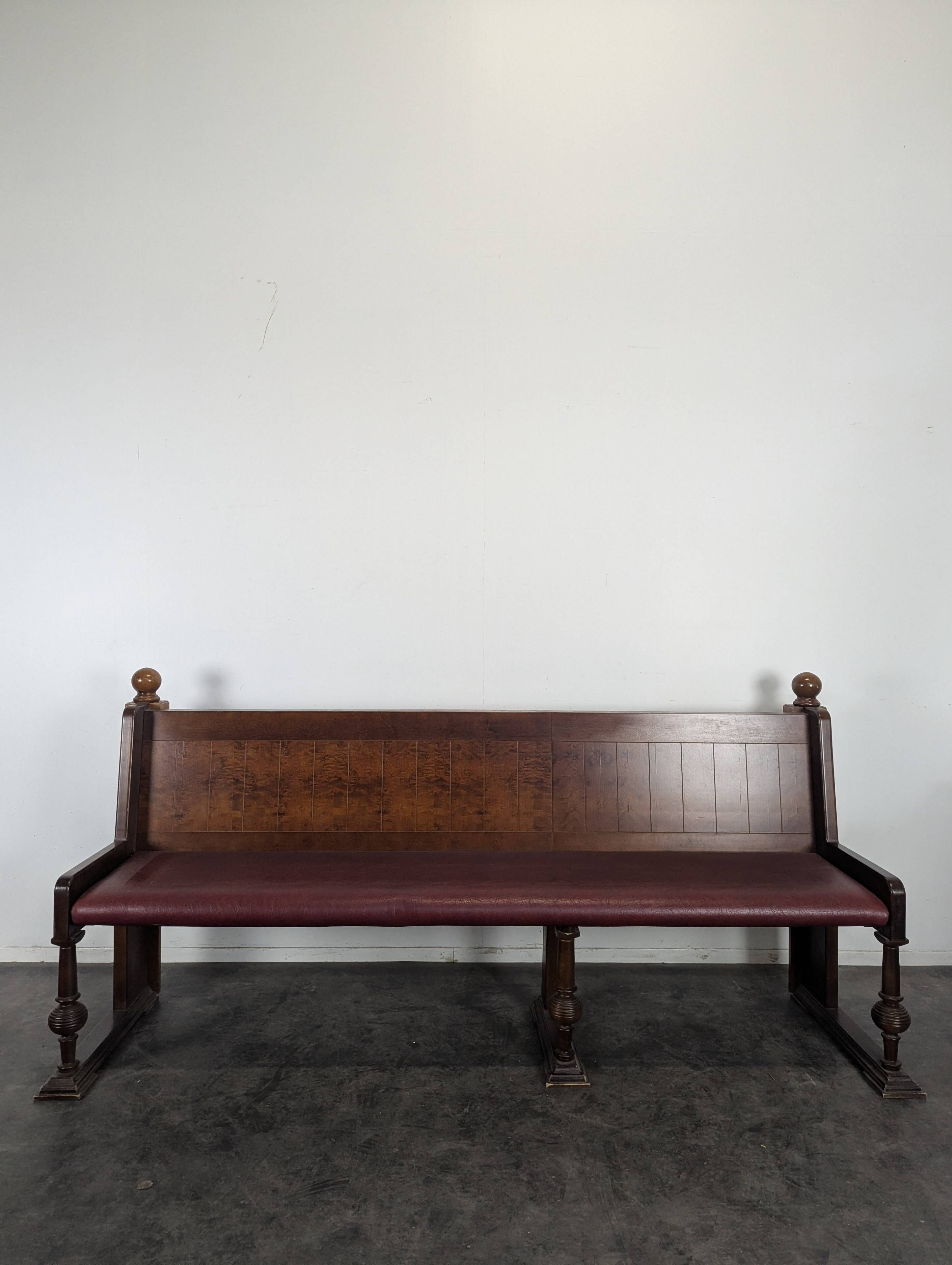 Art Deco brasserie bench in oak and bordeaux leatherette seat 220 cm