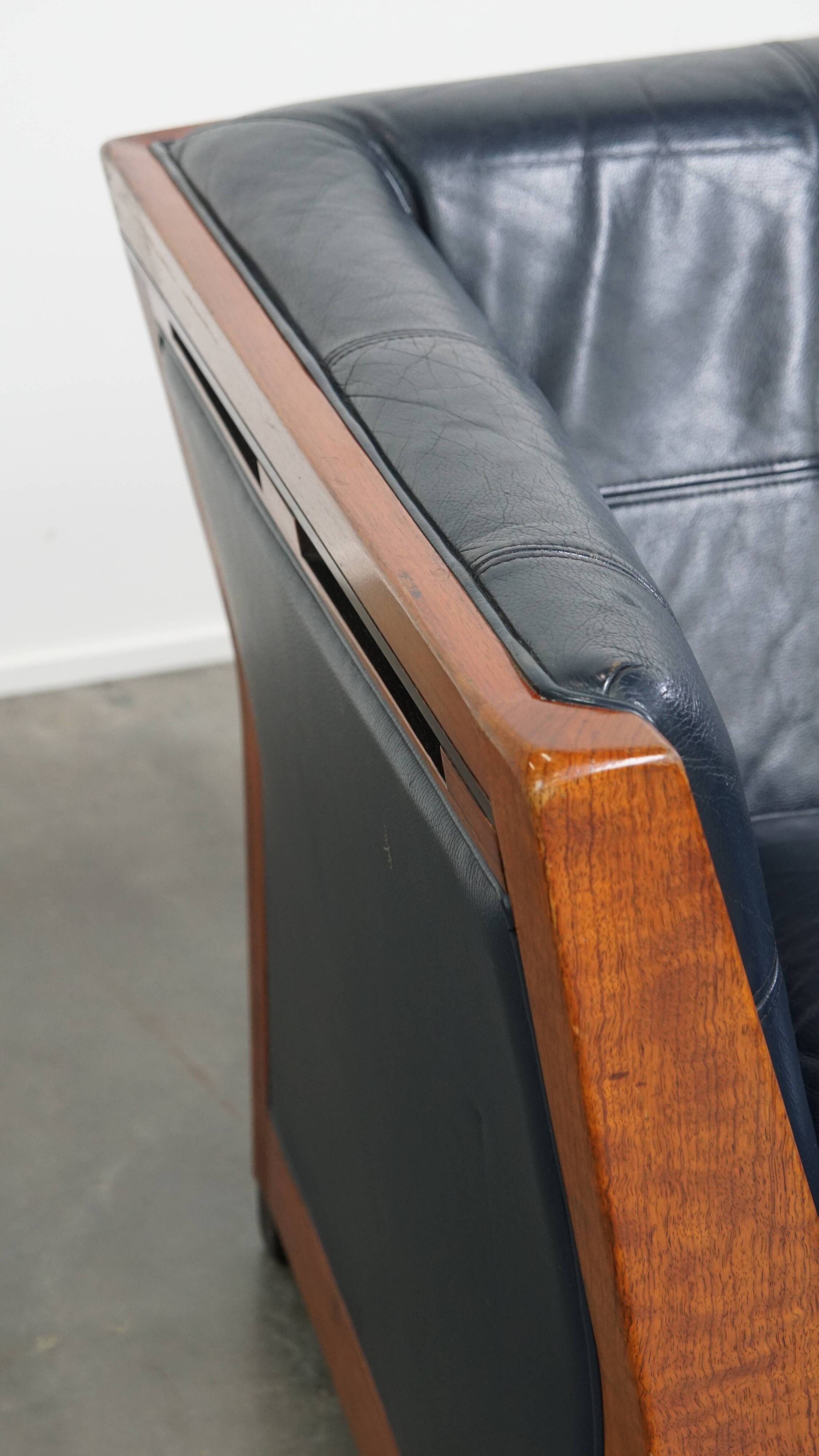 2.5-Seater Art Deco Sofa with Woodwork and Dark Blue Cowhide Leather