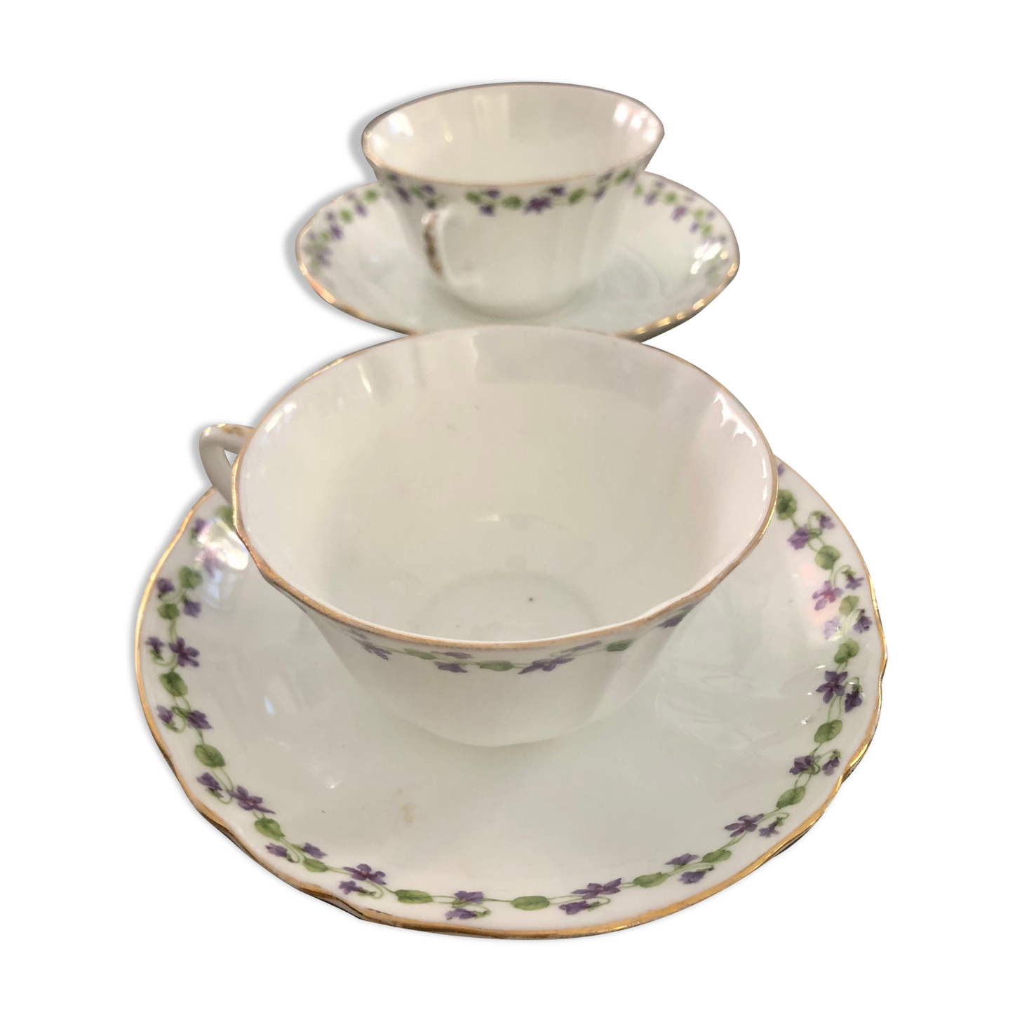 Duo of cup and saucer adderleys england bone china purple décor