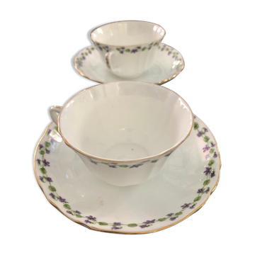 Duo of cup and saucer adderleys england bone china purple décor