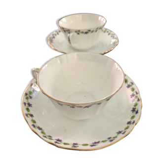 Duo of cup and saucer adderleys england bone china purple décor
